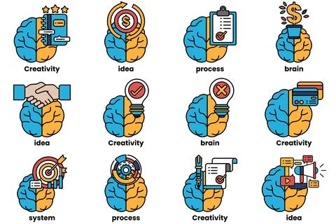 Set of illustrations in the concept of brain and things in line art style Stock Illustration
