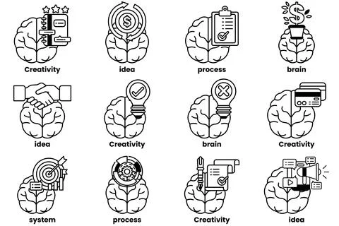 Set of illustrations in the concept of brain and things in line art style Stock Illustration
