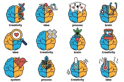 Set of illustrations in the concept of brain and things in line art style Stock Illustration
