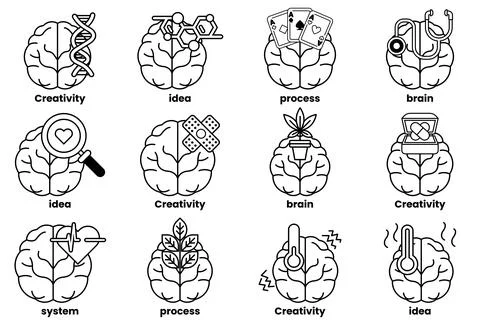 Set of illustrations in the concept of brain and things in line art style Stock Illustration