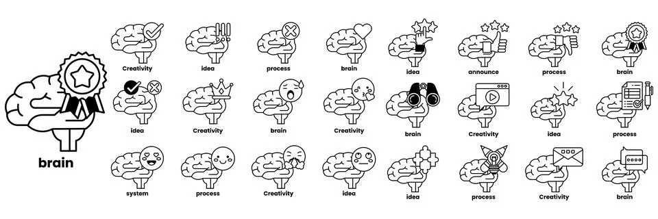 Set of illustrations in the concept of brain and things in line art style Ilustración de archivo