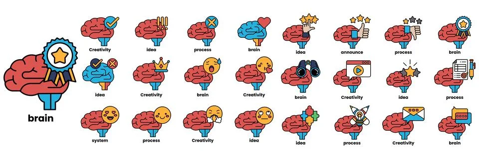 Set of illustrations in the concept of brain and things in line art style Ilustración de archivo