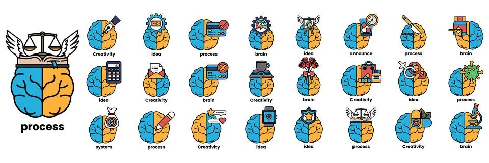 Set of illustrations in the concept of brain and things in line art style Stock Illustration