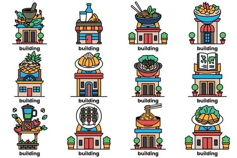 Set of illustrations in the concept of Building and food in a line style Ilustración de archivo
