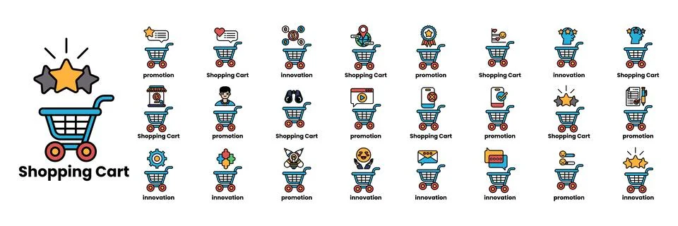 Set of illustrations in the concept of Carts and items in line art style Stock Illustration