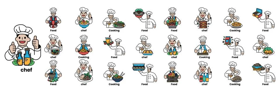 Set of illustrations in the concept of Chef and Food in line art style Stock Illustration