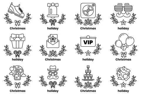 Set of illustrations in the concept of Christmas and holidays in a line style Ilustração Stock