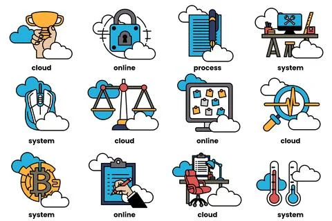 Set of illustrations in the concept of clouds and business in line art style Stock Illustration