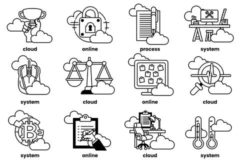 Set of illustrations in the concept of clouds and business in line art style Stock Illustration