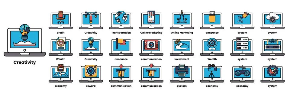 Set of illustrations in the concept of computers and business objects in li.. Stock Illustration