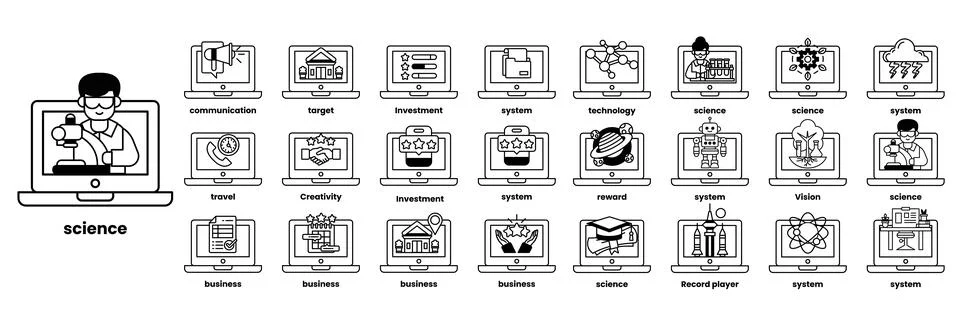 Set of illustrations in the concept of computers and business objects in li.. Stock Illustration
