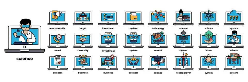 Set of illustrations in the concept of computers and business objects in li.. Stock Illustration