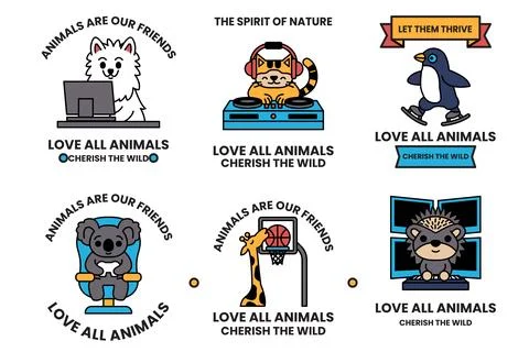 Set of illustrations in the concept of cute animals in a line drawing style Stock Illustration