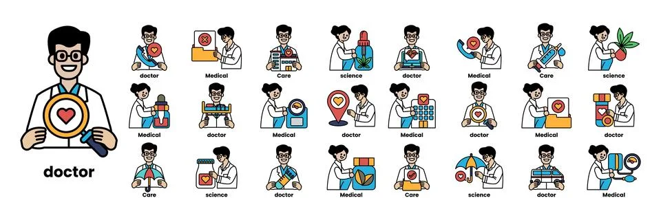 Set of illustrations in the concept of Doctors and things in line art style Stock Illustration