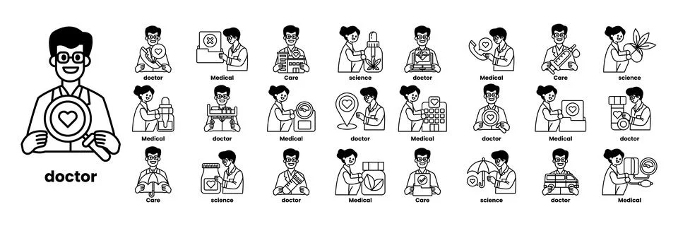 Set of illustrations in the concept of Doctors and things in line art style Stock Illustration