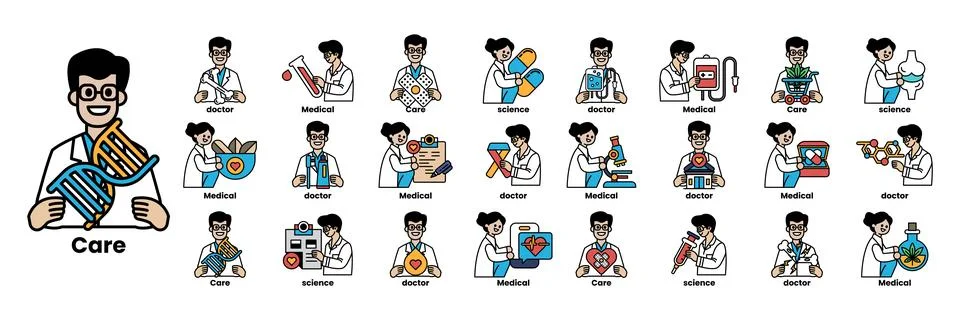 Set of illustrations in the concept of Doctors and things in line art style Stock Illustration