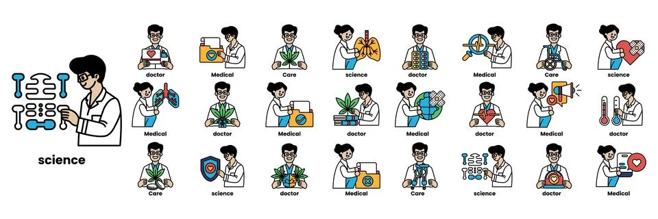 Set of illustrations in the concept of Doctors and things in line art style Stock Illustration