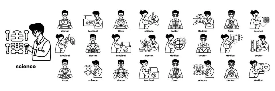 Set of illustrations in the concept of Doctors and things in line art style Stock Illustration