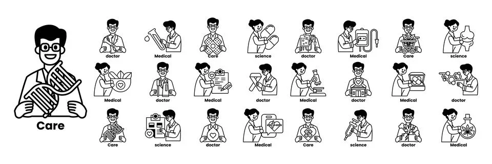 Set of illustrations in the concept of Doctors and things in line art style Stock Illustration