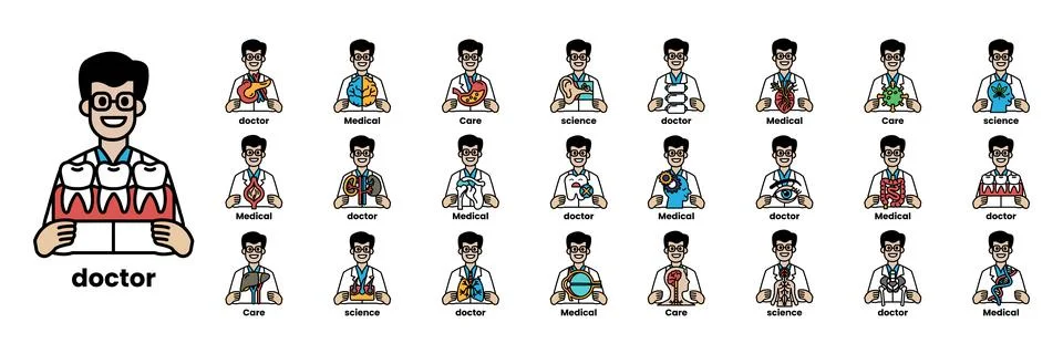 Set of illustrations in the concept of Doctors and things in line art style Stock Illustration