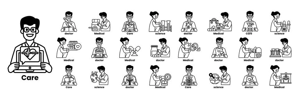 Set of illustrations in the concept of Doctors and things in line art style Stock Illustration