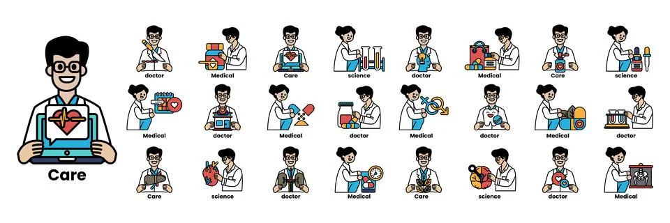 Set of illustrations in the concept of Doctors and things in line art style Stock Illustration