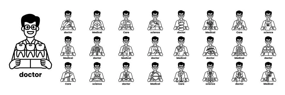 Set of illustrations in the concept of Doctors and things in line art style Stock Illustration