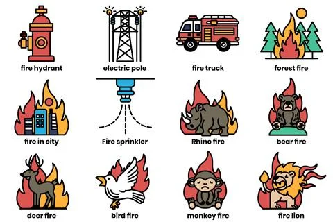 Set of illustrations in the concept of forest fire and fire in line art style Stock Illustration