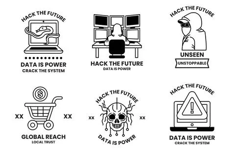 Set of illustrations in the concept of hackers and thieves in a line style Stock Illustration