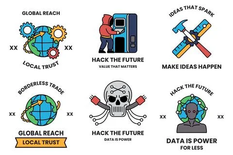 Set of illustrations in the concept of hackers and thieves in a line style Stock Illustration
