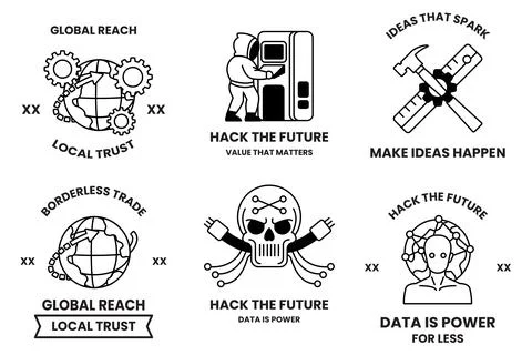 Set of illustrations in the concept of hackers and thieves in a line style Stock Illustration