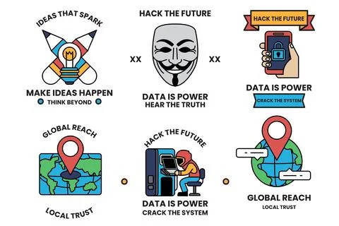 Set of illustrations in the concept of hackers and thieves in a line style Stock Illustration