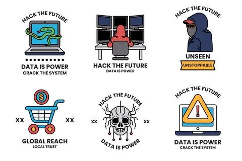 Set of illustrations in the concept of hackers and thieves in a line style Stock Illustration