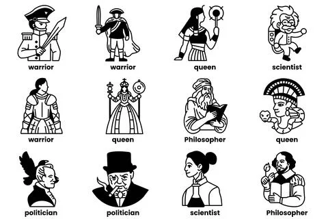 Set of illustrations in the concept of historical figures in line drawing sty Stock Illustration