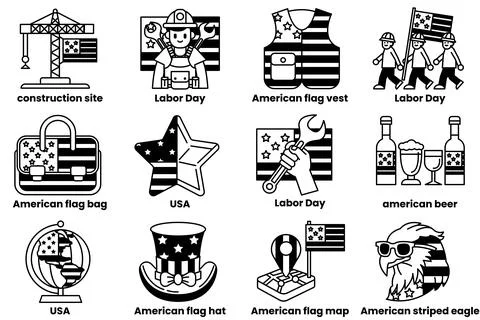 Set of illustrations in the concept of Labor Day and USA in line art style Stock Illustration