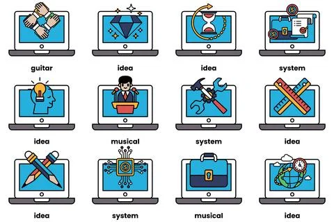 Set of illustrations in the concept of laptops and things in line art style Stock Illustration