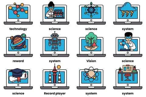 Set of illustrations in the concept of laptops and things in line art style Stock Illustration