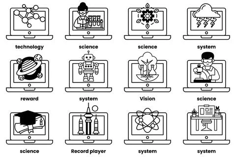 Set of illustrations in the concept of laptops and things in line art style Stock Illustration
