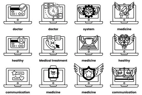 Set of illustrations in the concept of laptops and things in line art style Stock Illustration