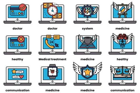 Set of illustrations in the concept of laptops and things in line art style Stock Illustration
