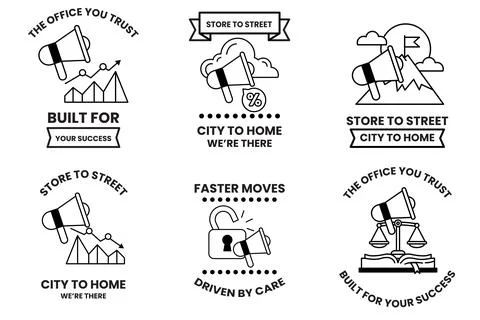 Set of illustrations in the concept of megaphones and business items in lin.. Ilustración de archivo