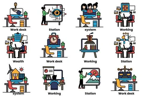 Set of illustrations in the concept of office desks and business equipment .. Stock Illustration
