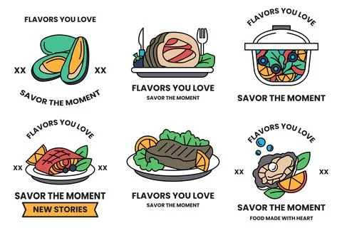 Set of illustrations in the concept of restaurants and seafood in line draw.. Stock Illustration
