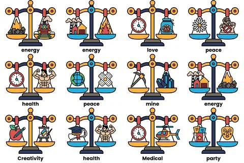 Set of illustrations in the concept of scales and various things in line dr.. Stock Illustration