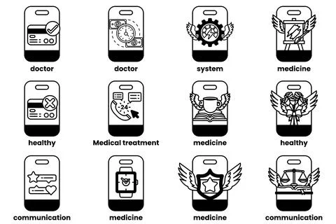 Set of illustrations in the concept of smartphones and things in line art sty Stock Illustration