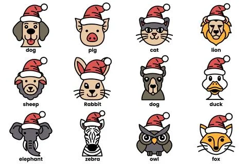 Set of illustrations in the concept of various animals wearing Christmas ha.. Stock Illustration