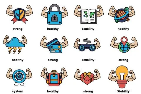 Set of illustrations in the concept of various equipment with arms in a lin.. Stock Illustration