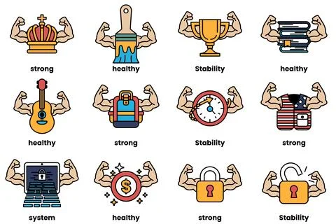 Set of illustrations in the concept of various equipment with arms in a lin.. Stock Illustration