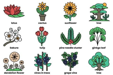 Set of illustrations in the concept of various trees and flowers in line dr.. Stock Illustration