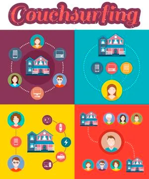 Set of illustrations couchsurfing Stock Illustration